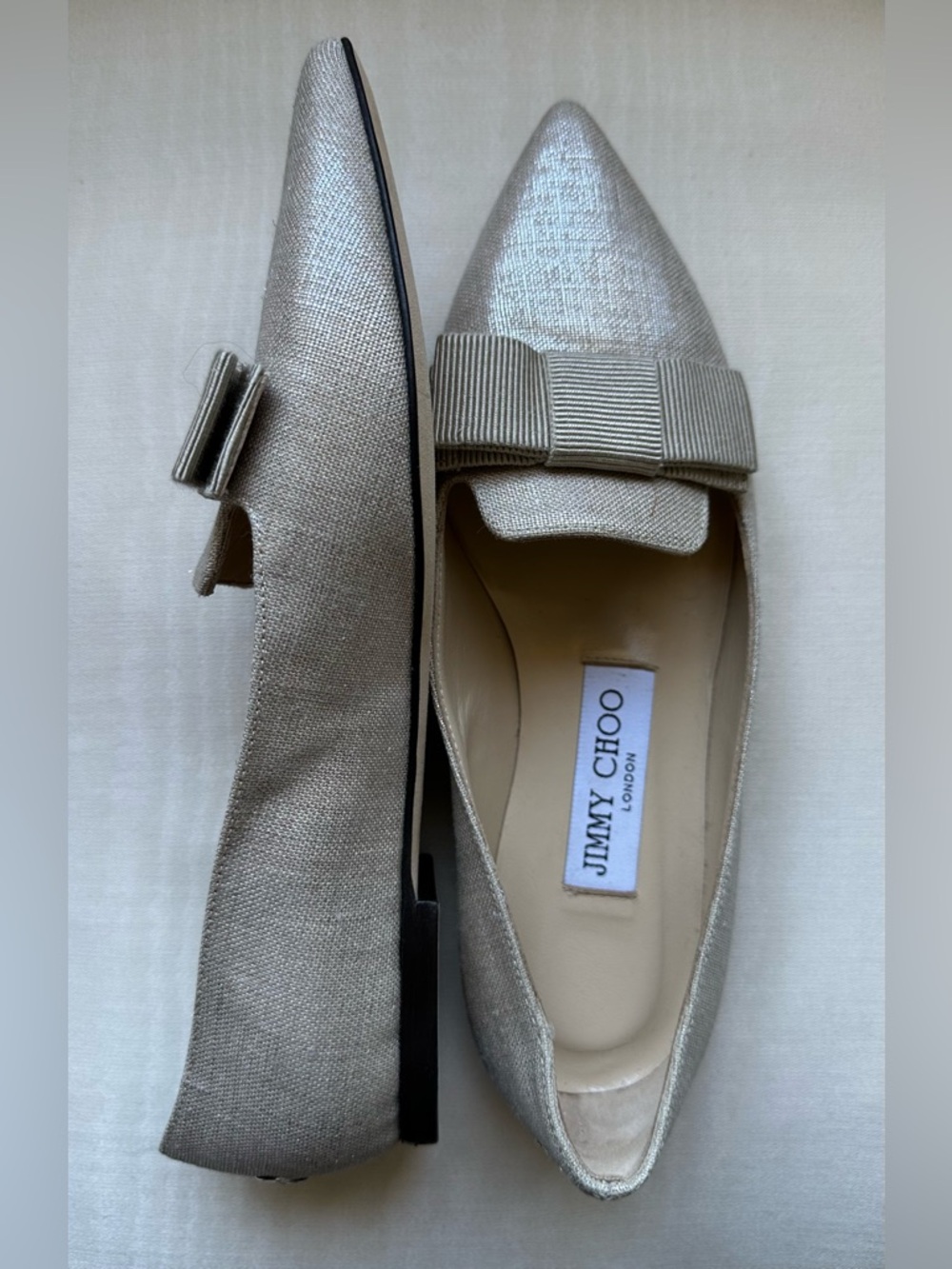Jimmy Choo NWOB Bow Pointed Toe Flats Beige Metallic EU 35 US 5 Made in Italy
